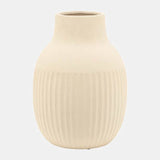 Cer, 9"h Ridged Bulbous Vase, Ivory