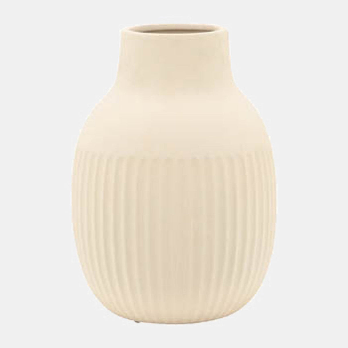 Cer, 9"h Ridged Bulbous Vase, Ivory