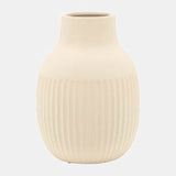 Cer, 9"h Ridged Bulbous Vase, Ivory