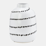 Cer, 9"h Spiral Dot Flower Vase, White/black