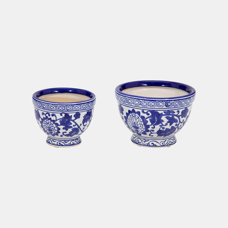 Cer, S/2 5/7" Bowl Chinoiserie Planters, Blue/wht