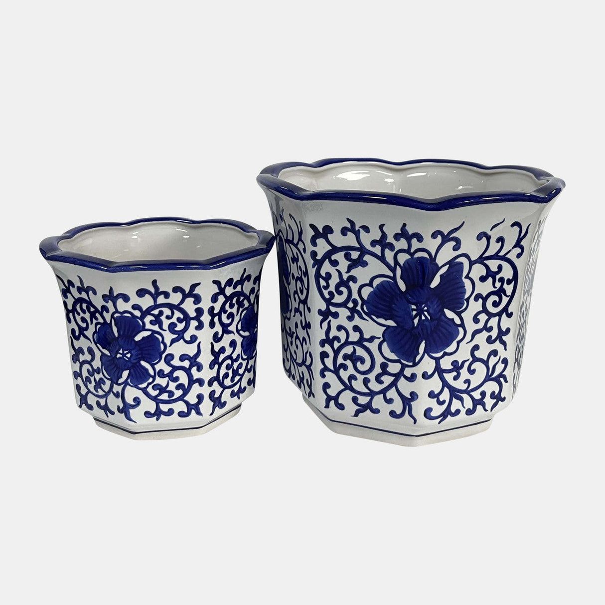 Cer, S/2 6/8" Chinoiserie Planters, Blue/white