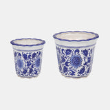 Cer, S/2 6/8" Chinoiserie Pot Planters, Blue/wht