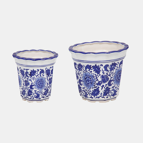 Cer, S/2 6/8" Chinoiserie Pot Planters, Blue/wht