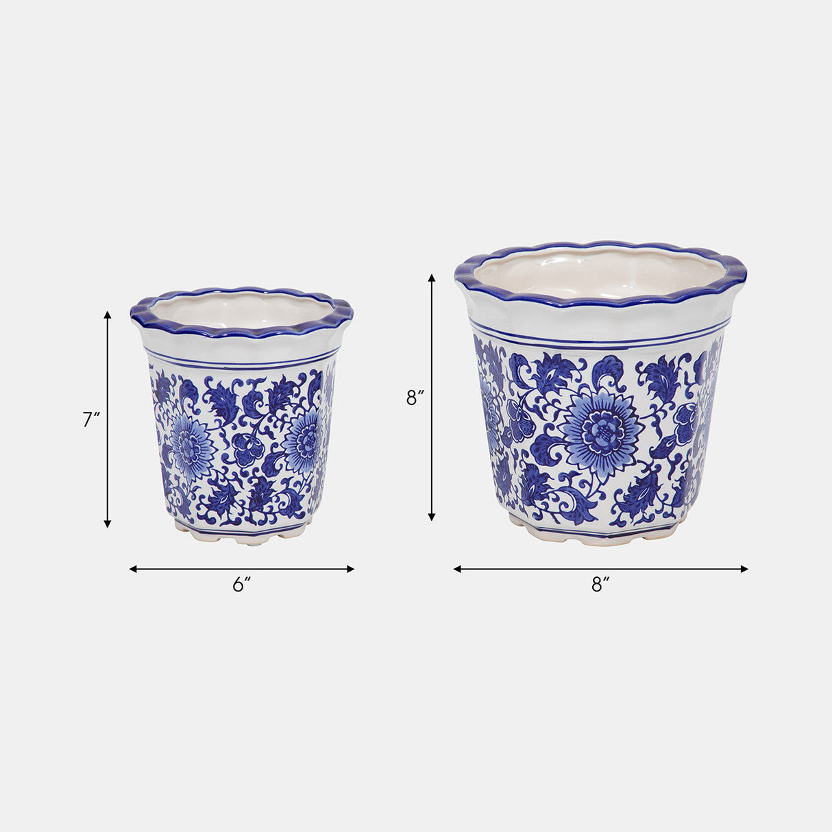 Cer, S/2 6/8" Chinoiserie Pot Planters, Blue/wht