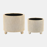 Cer, S/2 6/8" Footed Scratched Planters, Champagne