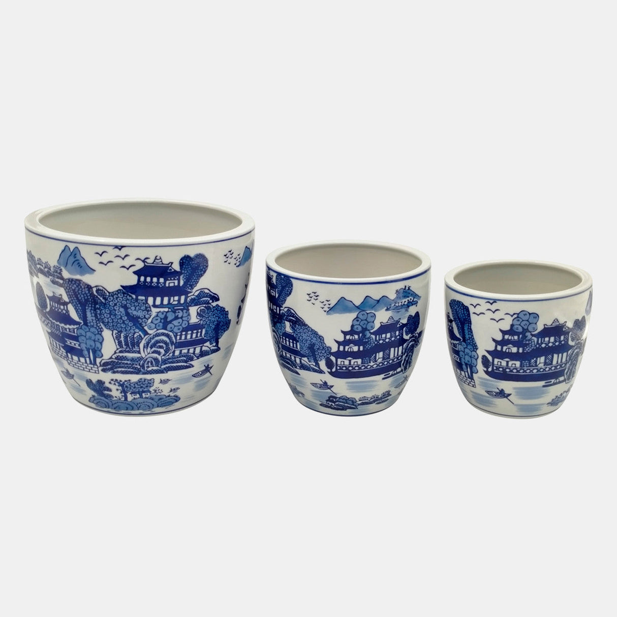 Cer, S/3 6/8/10" Chinoiserie Planters, Blue/white