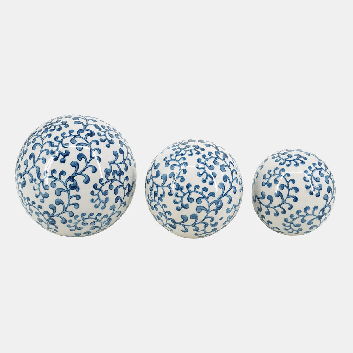 Cer, S/3 Chinoiserie Fern Orbs, 4/5/6" Blue/wht