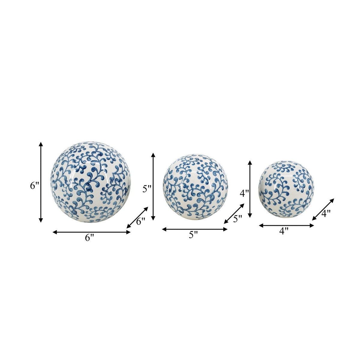 Cer, S/3 Chinoiserie Fern Orbs, 4/5/6" Blue/wht