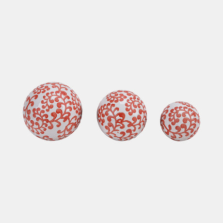 Cer, S/3 Fern Orbs, 4/5/6" White/red