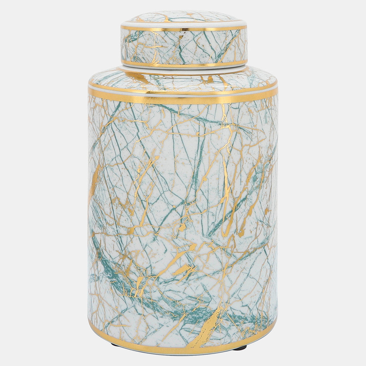 Ceramic 12" Jar With Gold Lid, Green