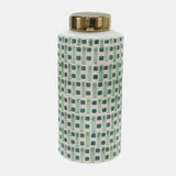 Ceramic 13" Jar With Gold Lid, Green/white