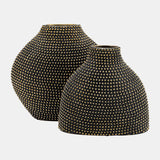 Ceramic 16" Beaded Vase, Black/gold