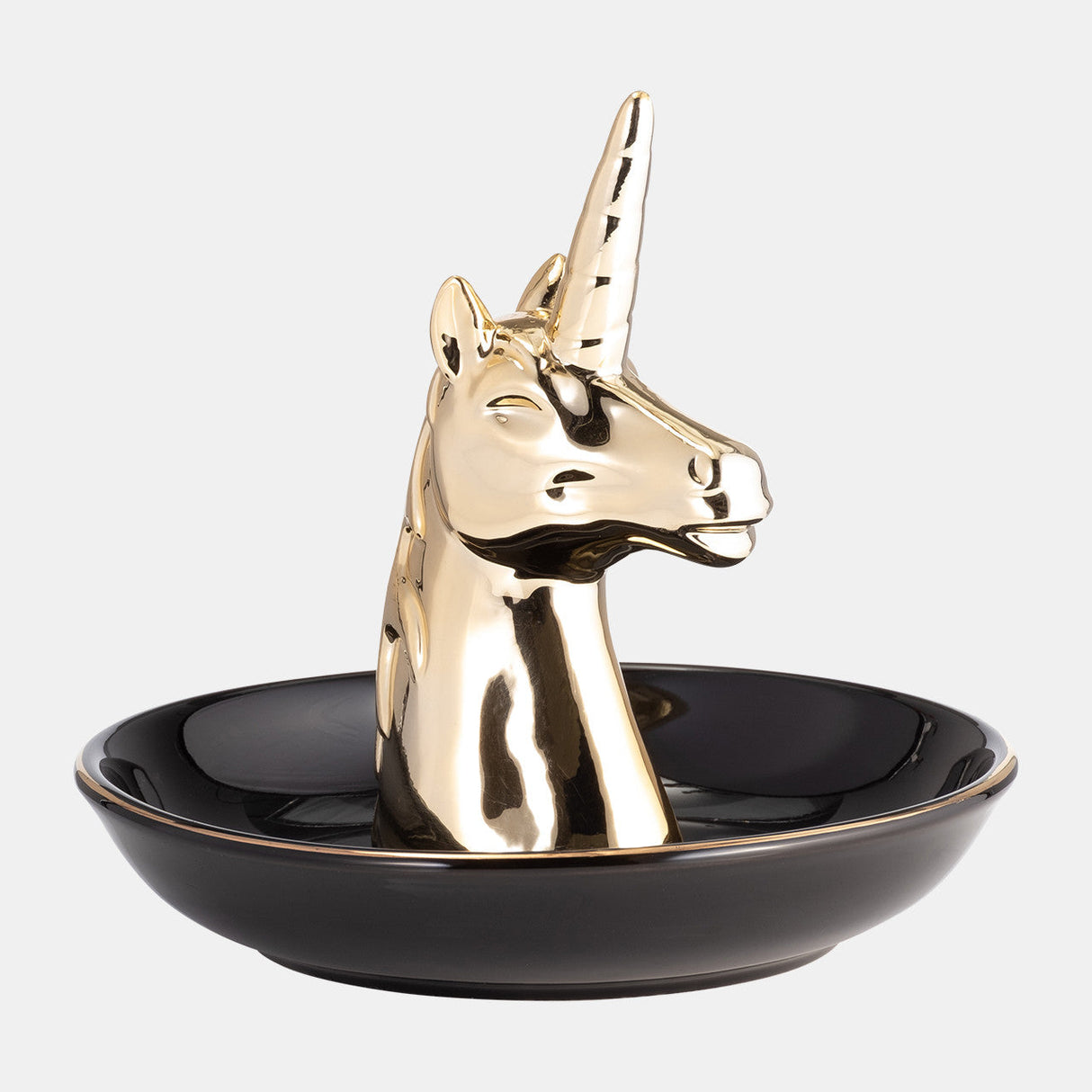 Ceramic 6" Unicorn Trinket Tray, Black/gold