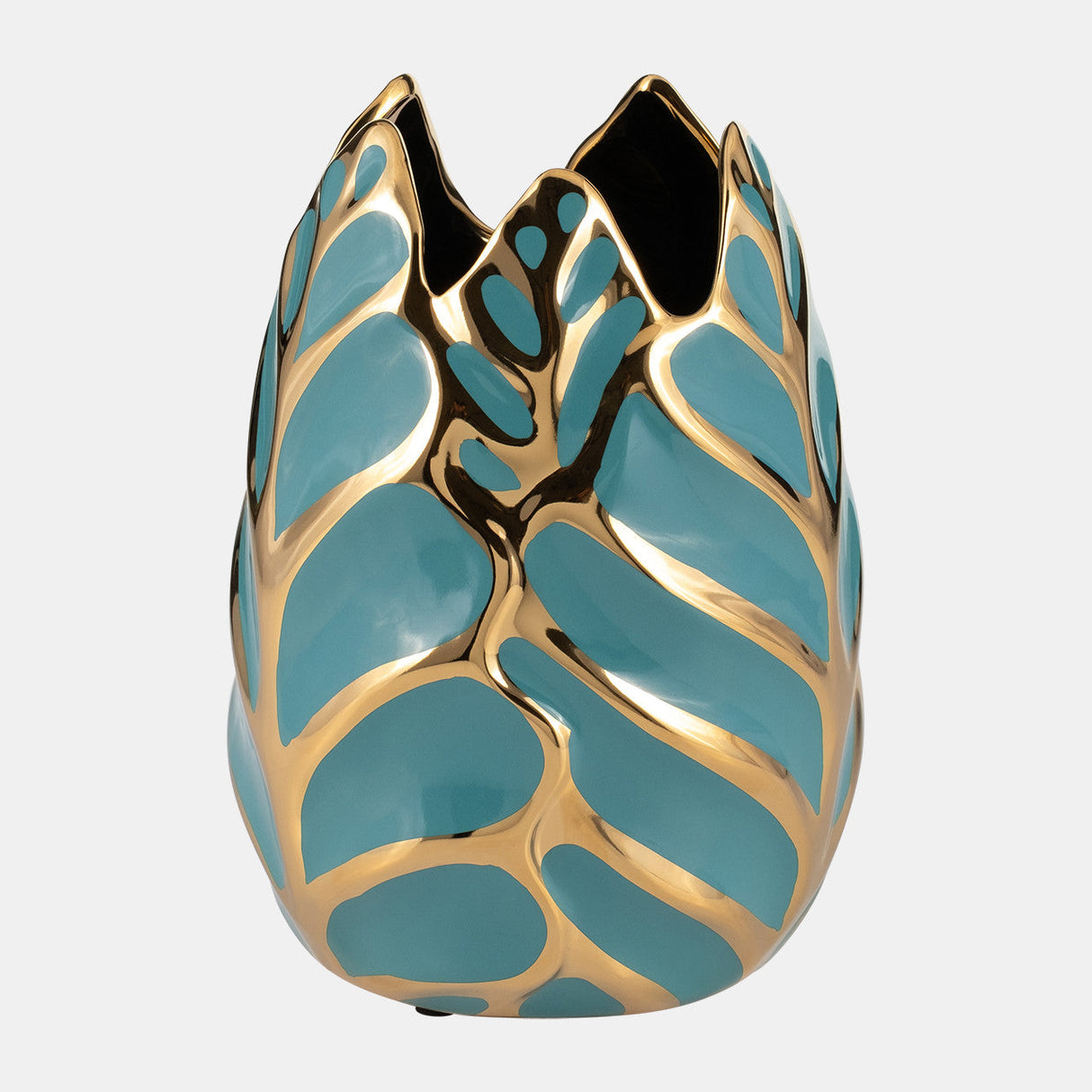 Ceramic 8"h Leaf Vase, Turquoise/gold