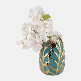 Ceramic 8"h Leaf Vase, Turquoise/gold