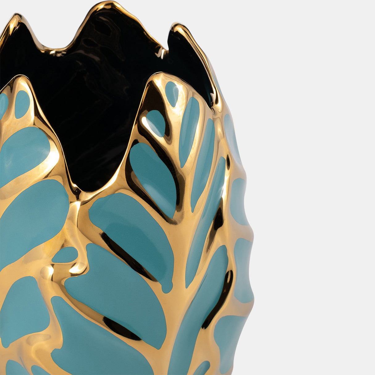 Ceramic 8"h Leaf Vase, Turquoise/gold