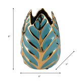 Ceramic 8"h Leaf Vase, Turquoise/gold