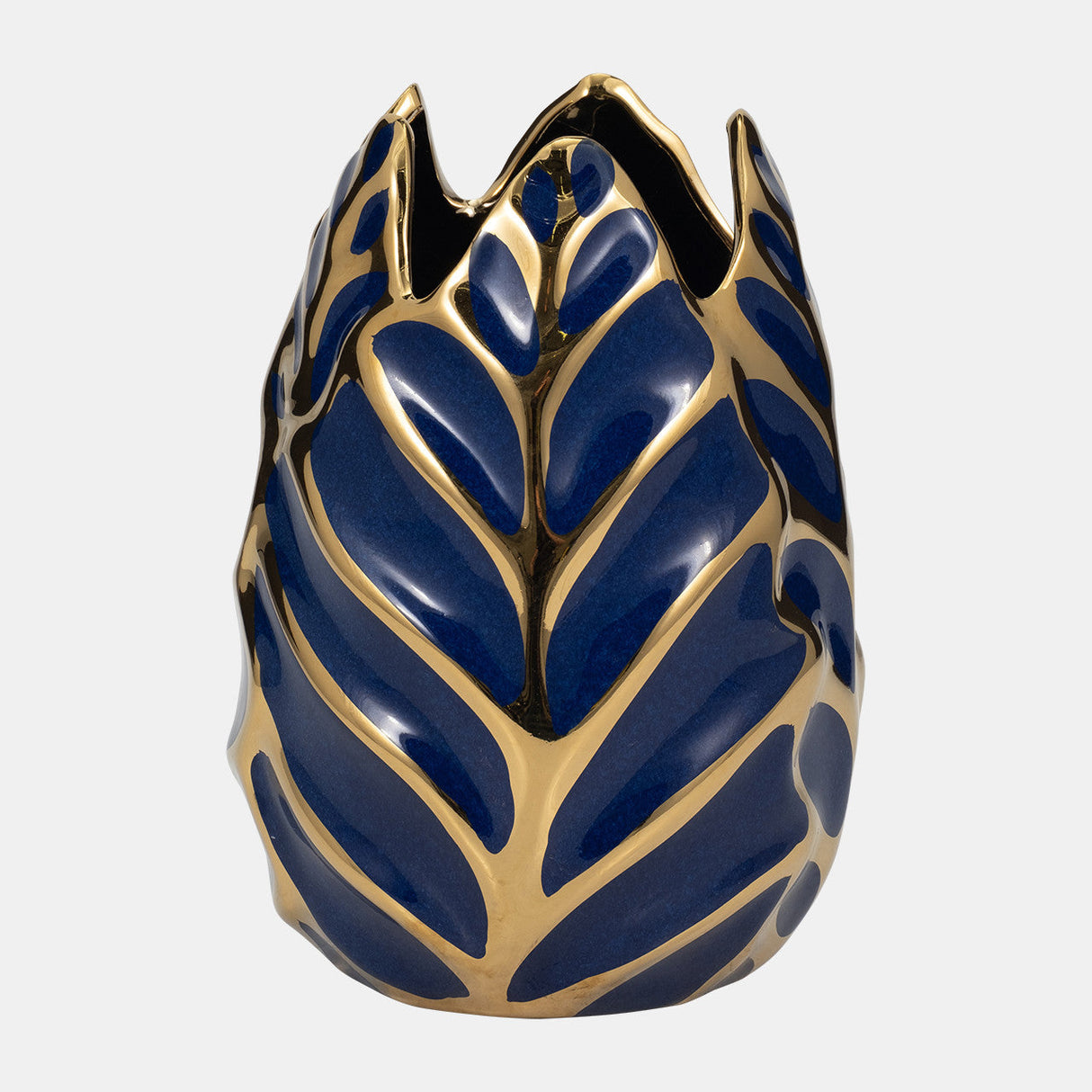 Ceramic 8" Leaf Vase, Navy/gold