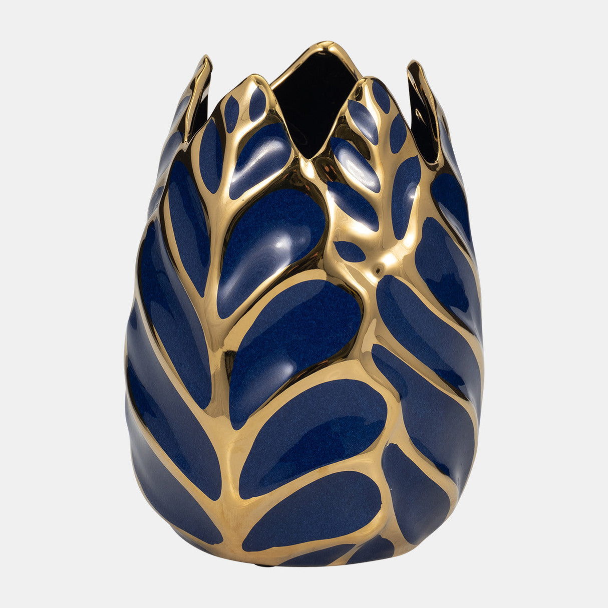 Ceramic 8" Leaf Vase, Navy/gold