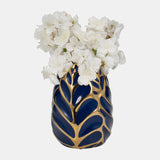 Ceramic 8" Leaf Vase, Navy/gold