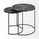 Chakra 19.7" Set of Two Round Dark Wood Top Black Frame Accent Tables by Mercana at Eve Furniture