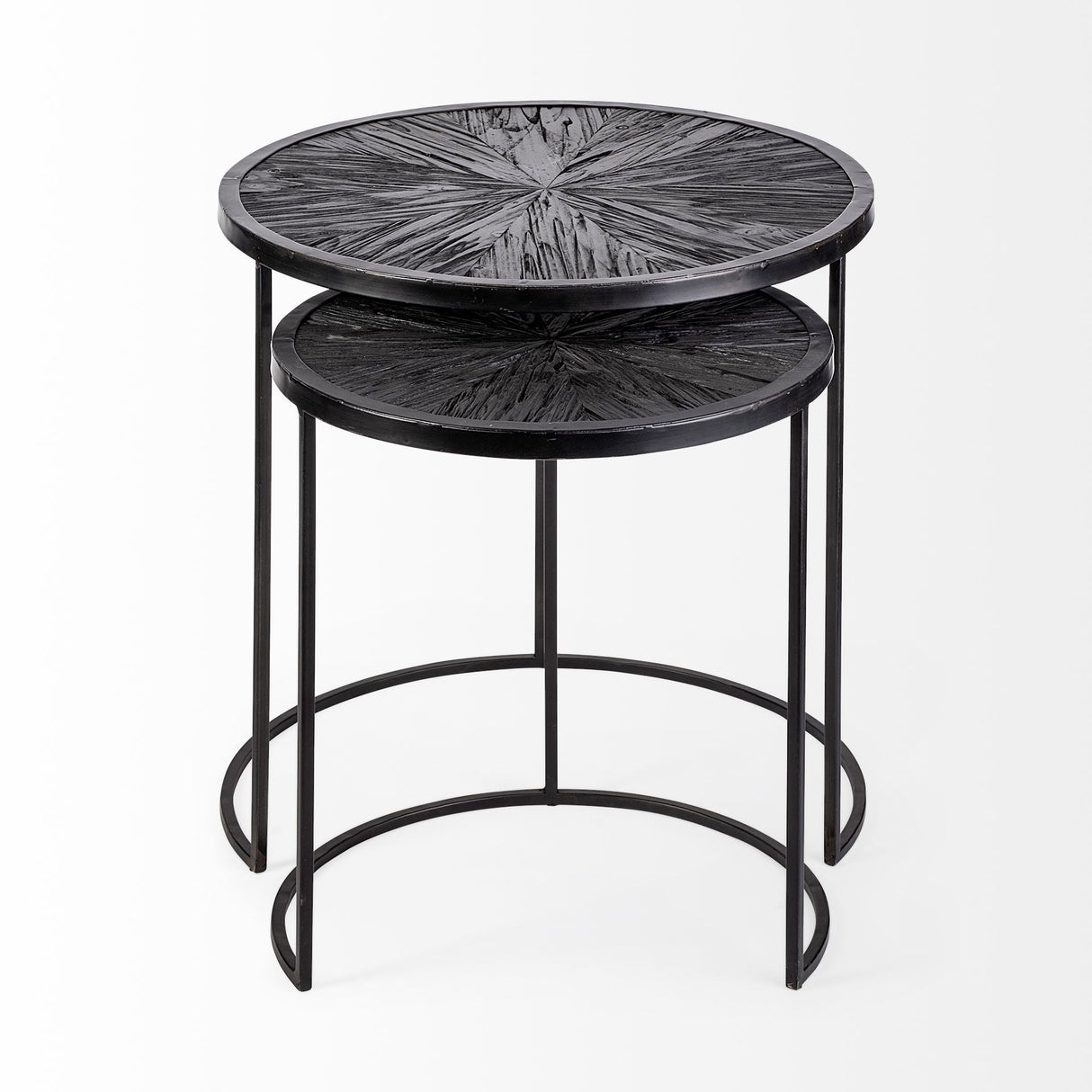 Chakra Set of Two Round Dark Wood Top Black Frame Accent Tables by Mercana at Eve Furniture