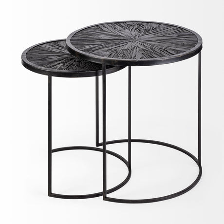 Chakra Set of Two Round Dark Wood Top Black Frame Accent Tables by Mercana at Eve Furniture