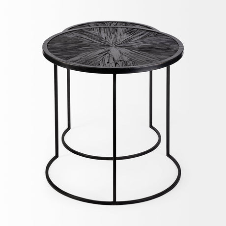 Chakra Set of Two Round Dark Wood Top Black Frame Accent Tables by Mercana at Eve Furniture