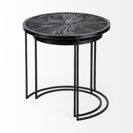 Chakra Set of Two Round Dark Wood Top Black Frame Accent Tables by Mercana at Eve Furniture
