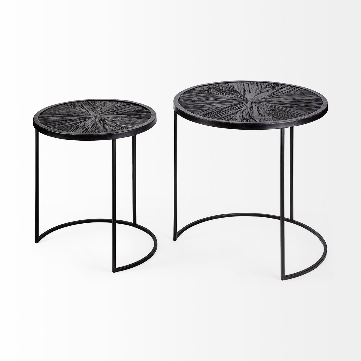 Chakra Set of Two Round Dark Wood Top Black Frame Accent Tables by Mercana at Eve Furniture