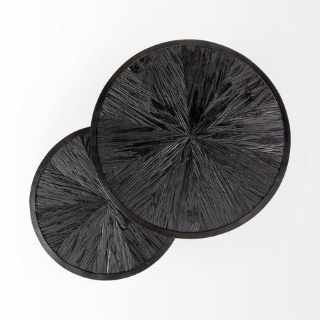 Chakra Set of Two Round Dark Wood Top Black Frame Accent Tables by Mercana at Eve Furniture