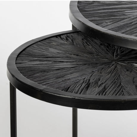 Chakra Set of Two Round Dark Wood Top Black Frame Accent Tables by Mercana at Eve Furniture