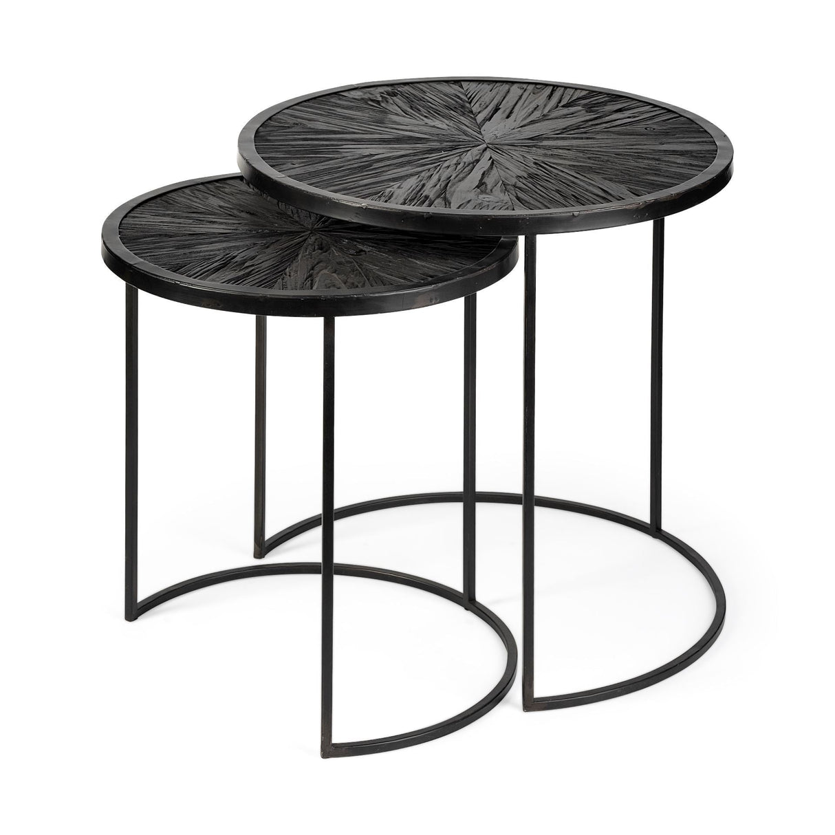 Chakra Set of Two Round Dark Wood Top Black Frame Accent Tables by Mercana at Eve Furniture