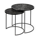 Chakra Set of Two Round Dark Wood Top Black Frame Accent Tables by Mercana at Eve Furniture