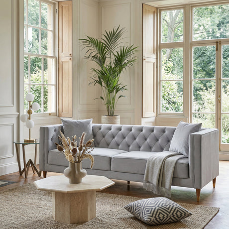 Chalky Living Room Tufted Velvet Upholstered Couch in Light Gray by Ashcroft Furniture at Eve Furniture