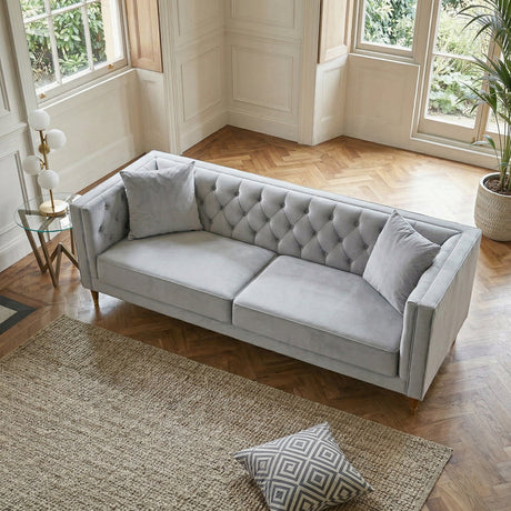 Chalky Living Room Tufted Velvet Upholstered Couch in Light Gray by Ashcroft Furniture at Eve Furniture