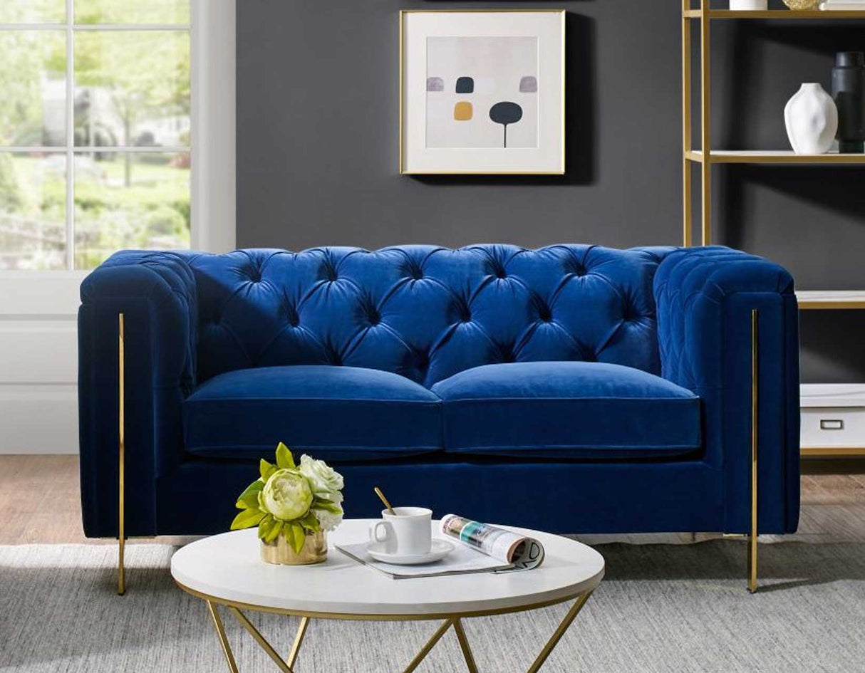 Charlene Blue Velvet Button Tufted Rolled Arm Chesterfield Loveseat