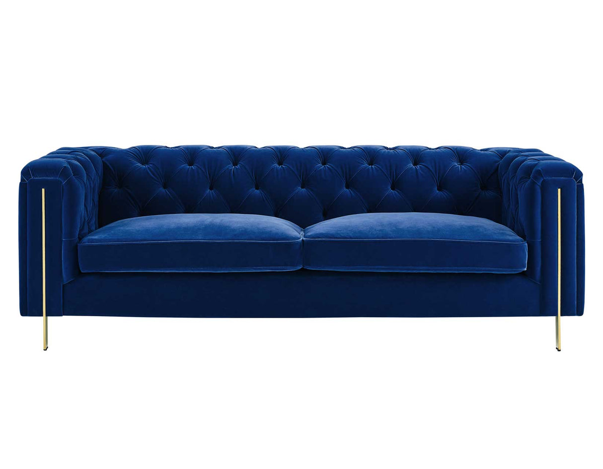 Charlene Blue Velvet Button Tufted Rolled Arm Chesterfield Sofa