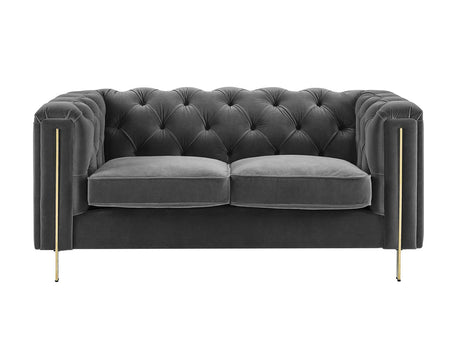 Charlene Gray Velvet Button Tufted Rolled Arm Chesterfield Loveseat