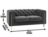 Charlene Gray Velvet Button Tufted Rolled Arm Chesterfield Loveseat