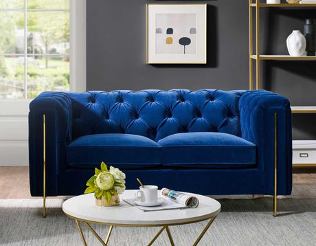 Charlene Blue Velvet Button Tufted Rolled Arm Chesterfield Loveseat by Steve Silver at Eve Furniture