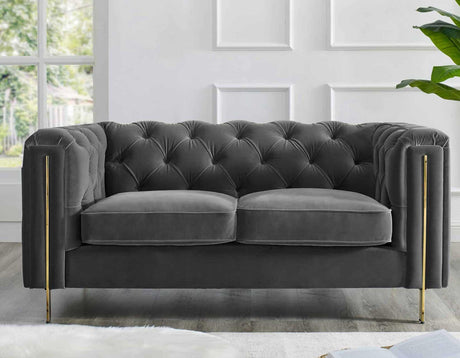 Charlene Gray Velvet Button Tufted Rolled Arm Chesterfield Loveseat by Steve Silver at Eve Furniture