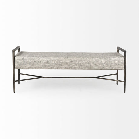 Charlotte Gray Herringbone Fabric Seat w/ Antique Nickel Metal Frame Bench by Mercana at Eve Furniture