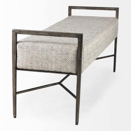 Charlotte Gray Herringbone Fabric Seat w/ Antique Nickel Metal Frame Bench by Mercana at Eve Furniture