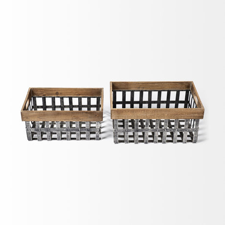 Chartrand Set of 2 Wood And Metal Open Crate Style Baskets by Mercana at Eve Furniture