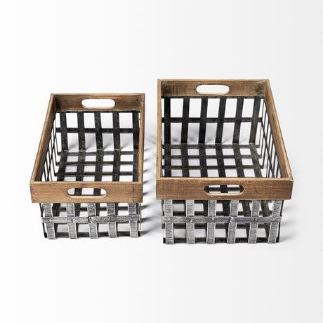 Chartrand Set of 2 Wood And Metal Open Crate Style Baskets by Mercana at Eve Furniture