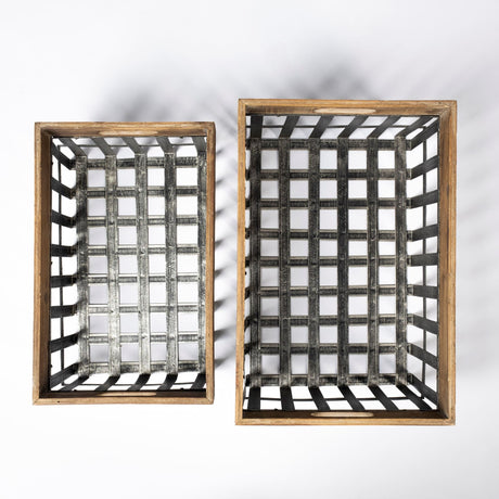 Chartrand Set of 2 Wood And Metal Open Crate Style Baskets by Mercana at Eve Furniture