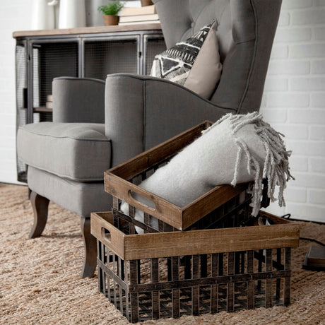 Chartrand Set of 2 Wood And Metal Open Crate Style Baskets by Mercana at Eve Furniture