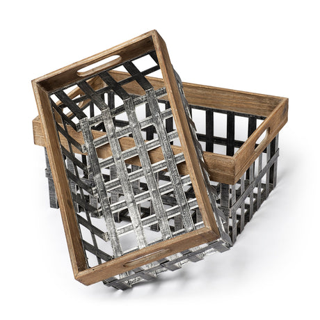 Chartrand Set of 2 Wood And Metal Open Crate Style Baskets by Mercana at Eve Furniture